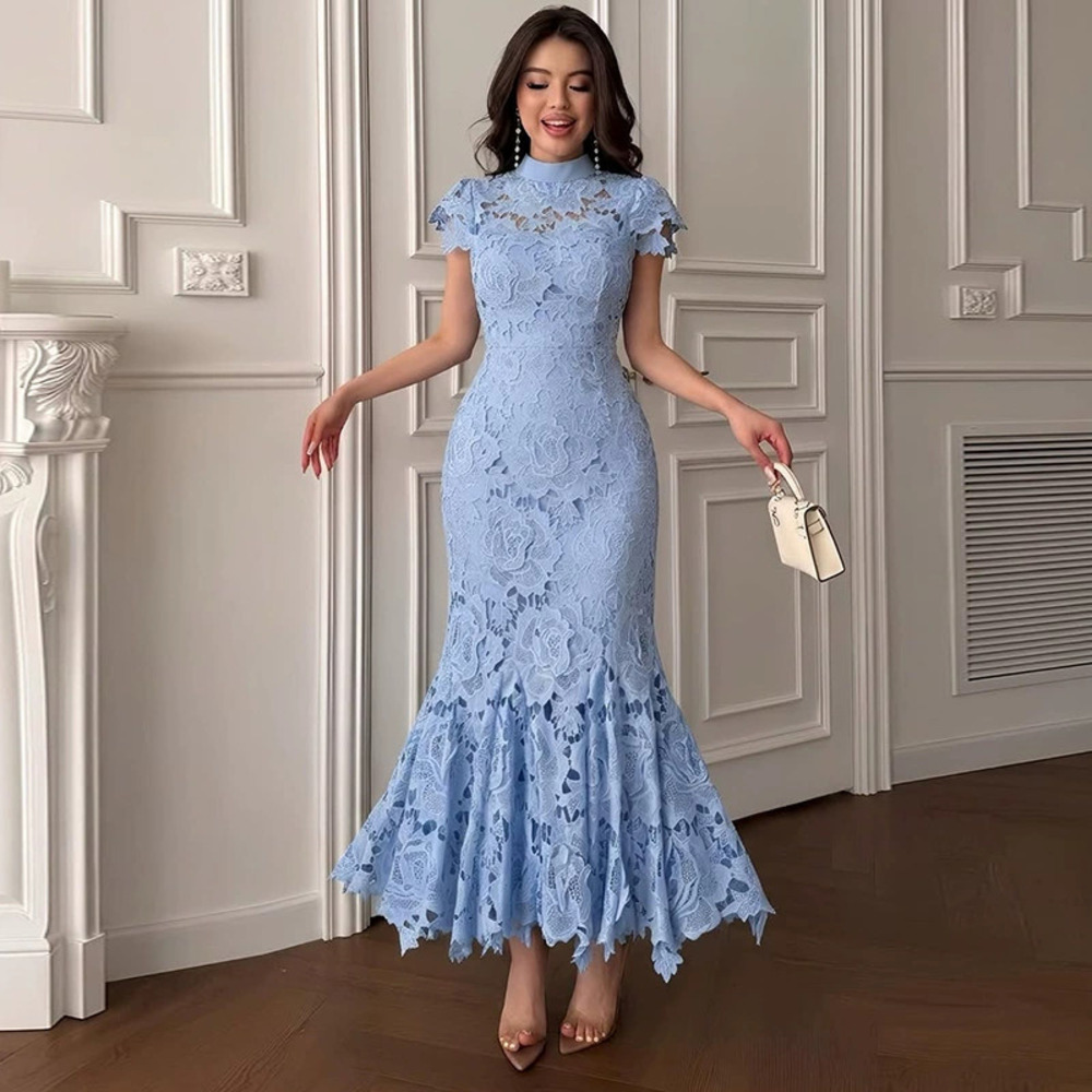 Forever 21 Elegant Summer Sky Blue Lace Cutout Fitted Waist Long Dress
